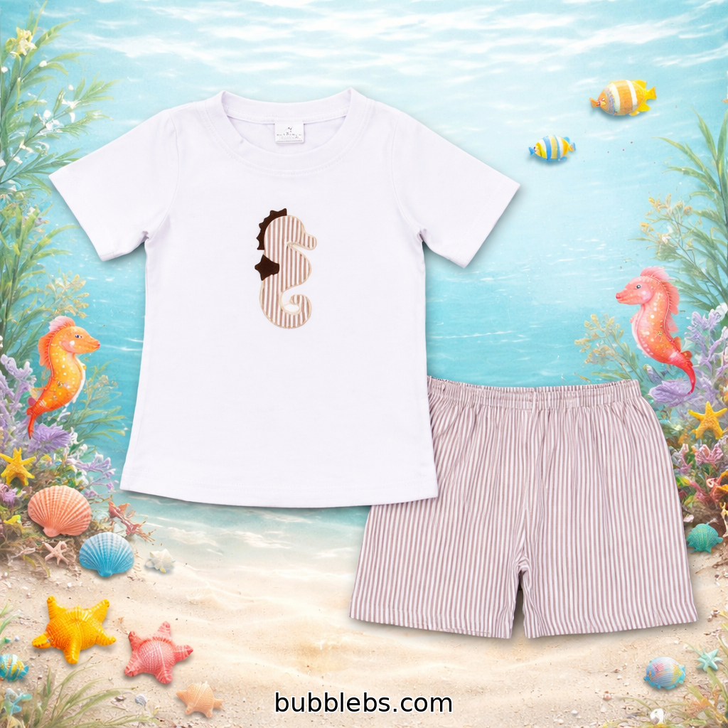 Seaside Seahorse Sibling Set Embroidered Boys Two Piece