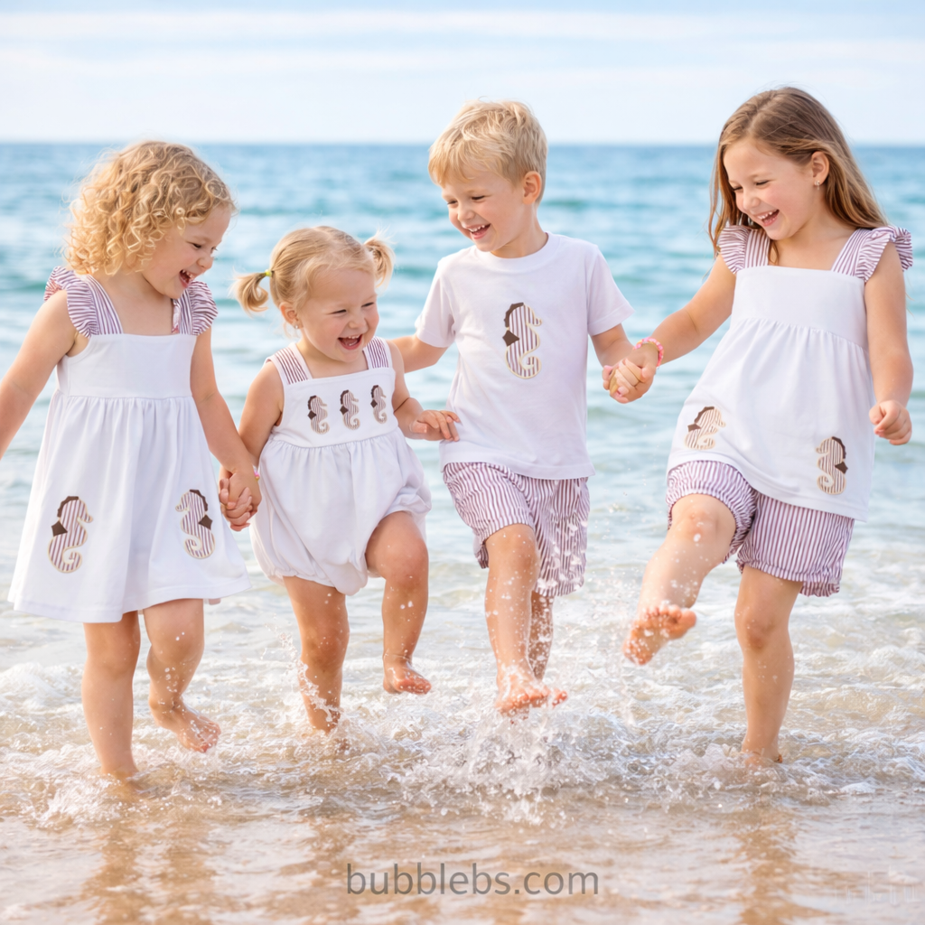 Seaside Seahorse Sibling Set Embroidered Boys Two Piece