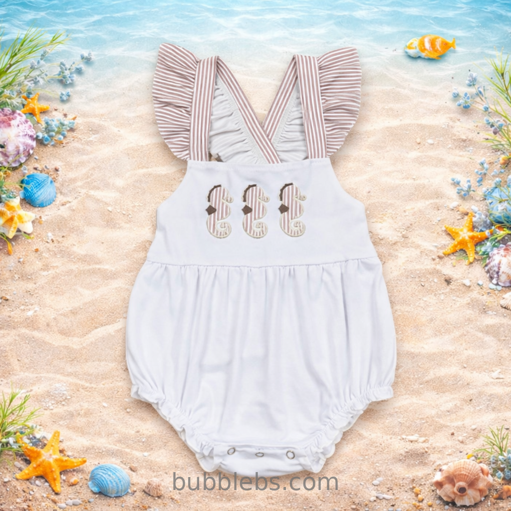 Seaside Seahorse Embroidered Girls Bubble