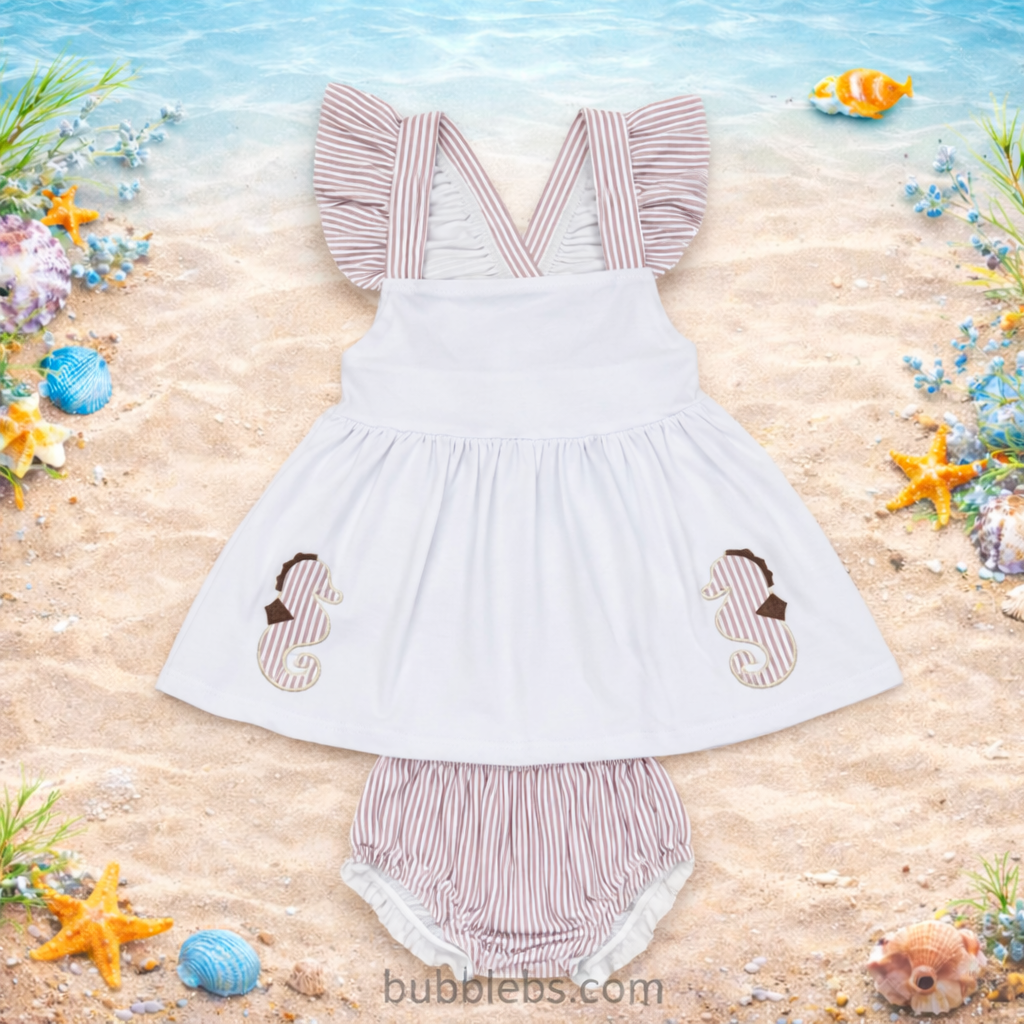 Seaside Seahorse Sibling Set Embroidered Girls Two Piece