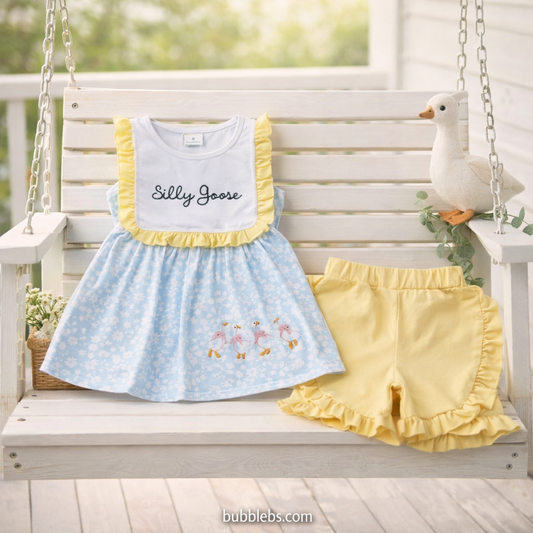 Silly Goose Blue Yellow Ruffle Shorts Set