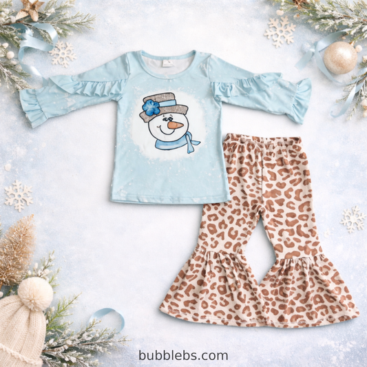 Girls Snowman Leopard Bell Bottom Outfit Set – Blue Ruffle Top & Leopard Print Pants
