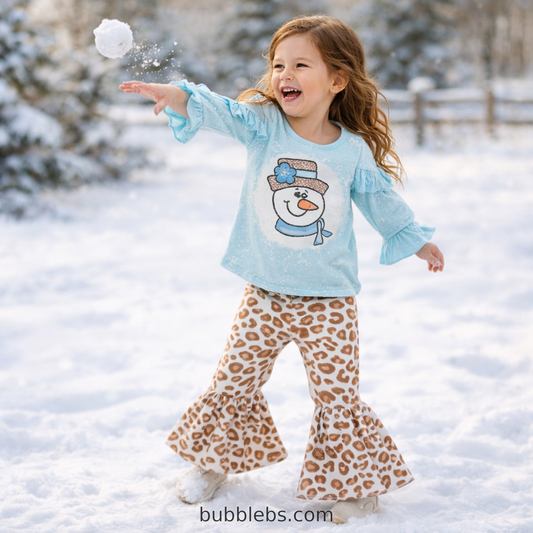 Girls Snowman Leopard Bell Bottom Outfit Set – Blue Ruffle Top & Leopard Print Pants