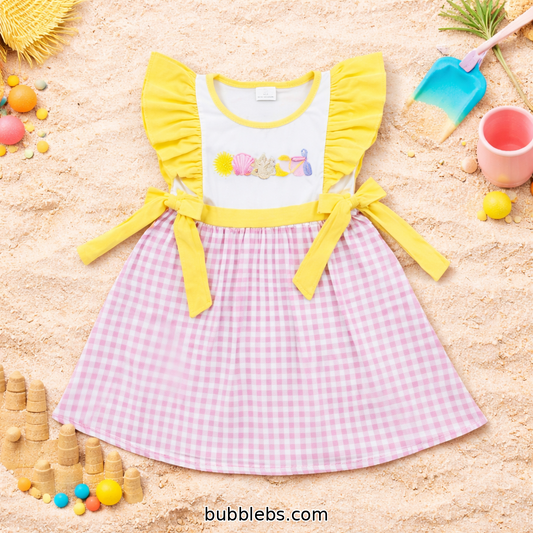 Sunshine Seashell Gingham Embroidered Dress