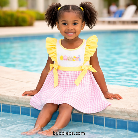 Sunshine Seashell Gingham Embroidered Dress