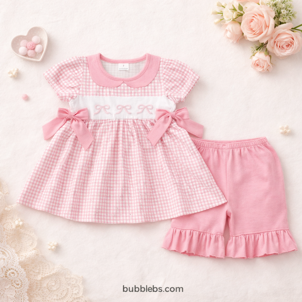 Sweet Gingham Bow Pink Two-Piece Set