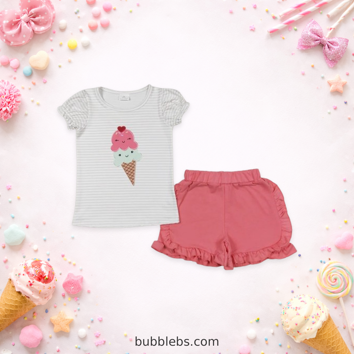 Sweet Ice Cream Ruffle Shorts Set