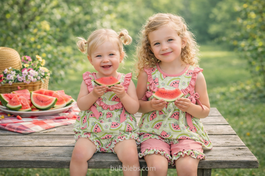 Baby Girls Sleeveless Rompers Green Checked with Watermelons Print Ruffle Design for Infants