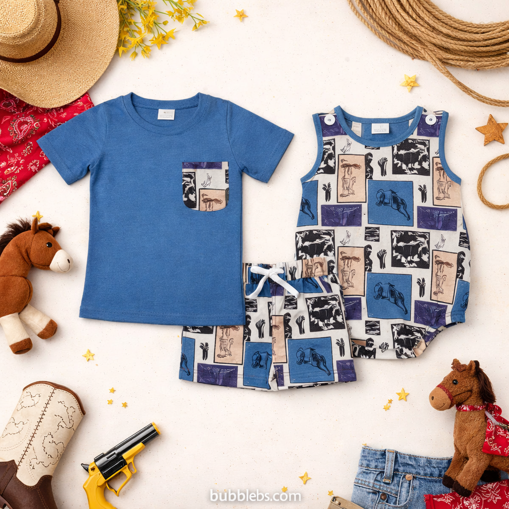Western Rodeo Patchwork Boys Bubble Romper