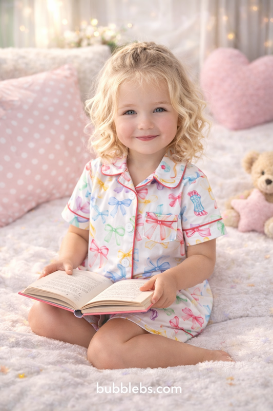 Girls Rainbow Bow Print Pajama Set