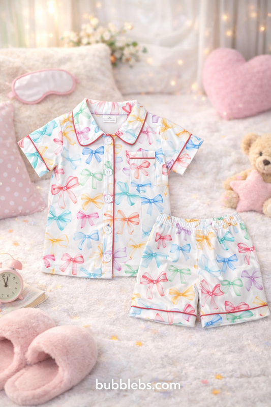 Girls Rainbow Bow Print Pajama Set